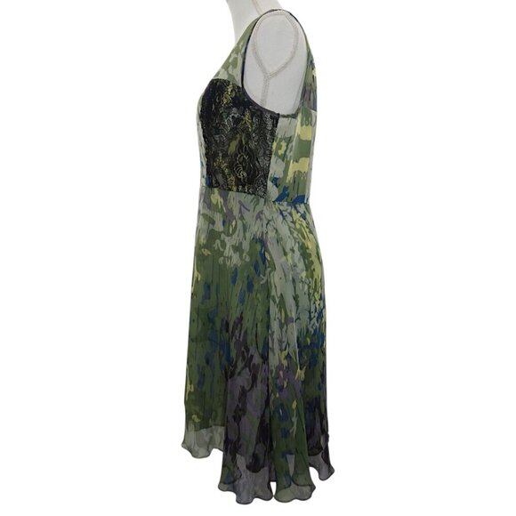 Vessel by Timo  Flowy 100% Silk Green Abstract Print Lace Inset Dress Size 12 - Picture 6 of 12